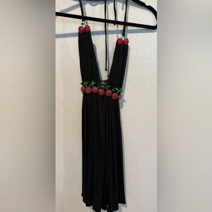 Sky Black Dress with Red and Green Cherry Details